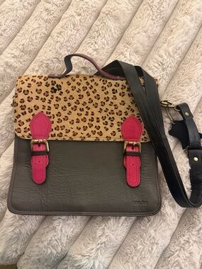 Saturnino Leopard-Print Flap Satchel in Gray with Pink Accents